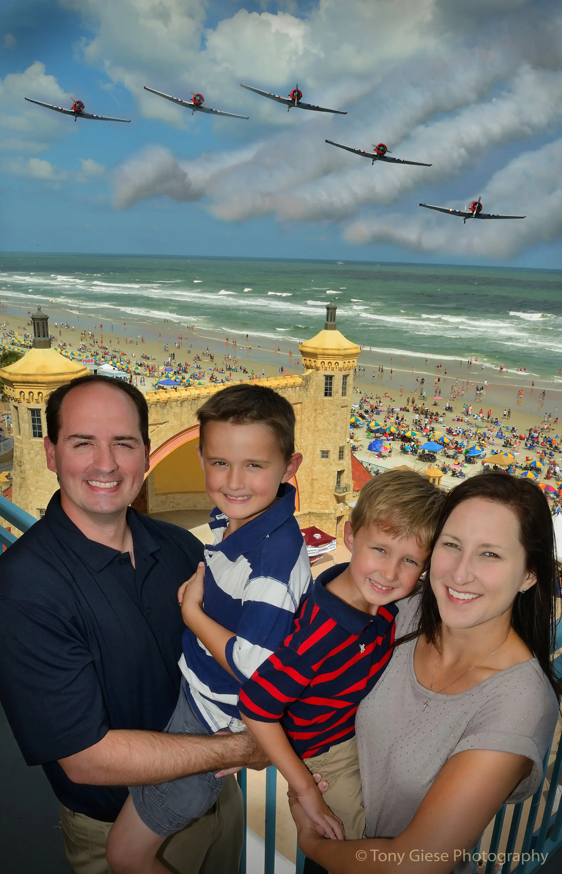 Flight squadron of vintage WWII airplanes performing precision flight maneuvers over Daytona Beach, Florida.